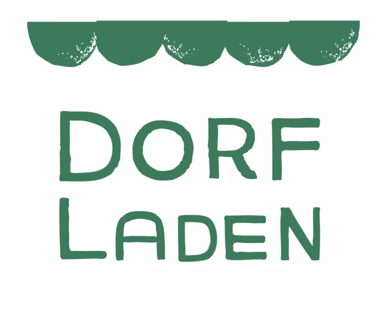 Man sieht das Logo vom DorfLaden, eine grüne Markise grafisch gestaltet im oberen Bereich, darunter der Text DorfLaden in großen, grünen Buchstaben.